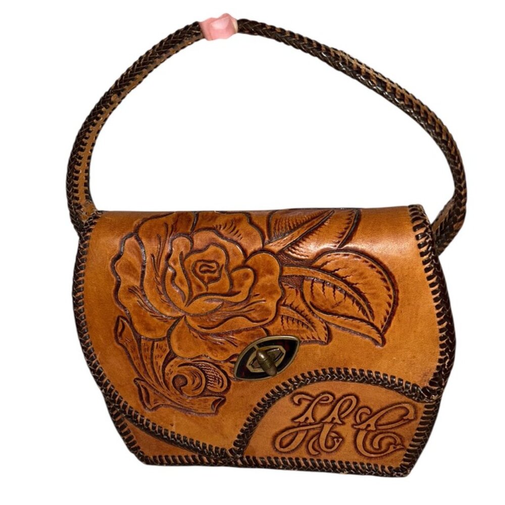 Hand Tooled designer Leather rose vintage hand bag purse SIGNED RJM FESTIVAL